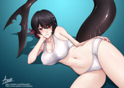 1girl adsouto breasts ellen_joe fins fish_tail highres looking_at_viewer lying mole mole_under_eye multicolored_hair panties red_eyes shark_girl shark_tail sharp_teeth short_hair solo tail teeth two-tone_hair underwear vest white_panties white_vest zenless_zone_zero