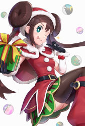 1girl ;p belt black_gloves black_thighhighs blue_eyes boots box breasts brown_hair capelet commentary_request double_bun dress female_focus friend_ball fur-trimmed_capelet fur_trim gift gift_box gloves gonzarez hair_bun hat highres holding holding_gift layered_skirt long_hair looking_at_viewer medium_breasts moon_ball nintendo official_alternate_costume one_eye_closed poke_ball pokemon pokemon_masters_ex red_boots red_capelet red_dress ribbon rosa_(holiday_2019)_(pokemon) rosa_(pokemon) santa_boots santa_costume santa_gloves santa_hat sidelocks skirt sleeveless sleeveless_dress solo sparkle thighhighs tongue tongue_out twintails very_long_hair white_background