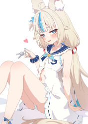 1girl :d ahoge animal_ear_fluff animal_ears bikini bikini_under_clothes blonde_hair blue_bikini blue_bow blue_eyes blue_hair blue_sailor_collar bow breasts cat_ears chahanramen commentary dress english_commentary fang fins fish_tail frilled_dress frilled_shirt_collar frills hair_bow halterneck highres holding holding_key indie_virtual_youtuber key long_hair looking_at_viewer low_twintails multicolored_hair navel one_side_up open_mouth partially_unbuttoned sailor_collar sameko_saba scrunchie simple_background sitting sleeveless sleeveless_dress small_breasts smile solo streaked_hair striped_bikini striped_clothes swimsuit tail twintails very_long_hair virtual_youtuber white_background white_dress white_hair wrist_scrunchie