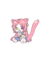 Rule 34 | 1girl, animal ears, animal hands, assault lily, blue sailor collar, blue skirt, boots, brown pantyhose, cat ears, cat girl, cat paws, cat tail, chibi, covered mouth, detached sleeves, full body, green eyes, hair ribbon, hand on own chin, hand up, heterochromia, kemonomimi mode, layered sleeves, long hair, long sleeves, looking at viewer, miniskirt, neckerchief, nigari (ngari 0115), no pupils, odaiba girls high school uniform, pantyhose, parted bangs, paw shoes, purple neckerchief, red eyes, red hair, ribbon, sailor collar, school uniform, serafuku, shiba tomoshibi, shirt, simple background, sitting, skirt, sleeveless, sleeveless shirt, sleeves past wrists, solo, tail, tail raised, white background, white boots, white ribbon, white shirt