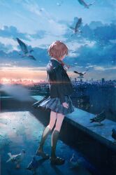 1girl absurdres arms_at_sides bird black_jacket black_shoes black_socks blazer blue_eyes blue_skirt bow bowtie braid braided_ponytail city_lights cityscape closed_mouth cloud cloudy_sky commentary commentary_request film_grain floating_hair from_side full_body hair_over_shoulder heel_up highres jacket kaf_(kamitsubaki_studio) kamitsubaki_studio kneehighs lens_flare loafers long_hair looking_ahead motion_blur on_rooftop outdoors pigeon pink_hair plaid_clothes plaid_skirt pleated_skirt profile red_bow red_bowtie rooftop school_uniform shadow shiomi_(lowrise) shoes skirt sky socks solo standing sunrise urban virtual_youtuber wide-eyed
