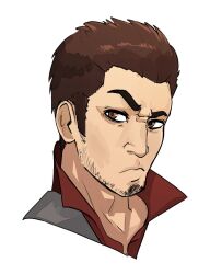 1boy black_hair brown_eyes collared_jacket collared_shirt cupperexe facial_hair formal_clothes goatee grey_suit jacket kiryu_kazuma looking_at_viewer male_focus popped_collar red_shirt ryuu_ga_gotoku_(series) shirt short_hair solo soul_patch suit upper_body white_background yakuza