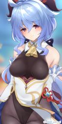 1girl ahoge arms_behind_back artist_name bare_shoulders bell black_leotard black_pantyhose blue_hair blush bodystocking bow breasts chinese_knot commentary_request detached_sleeves dress flower_knot ganyu_(genshin_impact) genshin_impact gold_trim groin highres horns jampen jewelry large_breasts leotard leotard_under_clothes long_hair looking_at_viewer neck_bell pantyhose purple_eyes revision sidelocks smile solo standing thighlet thighs twitter_username vision_(genshin_impact) white_dress white_sleeves