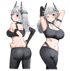 1girl absurdres arknights armpits ass bandaged_arm bandages black_gloves black_horns black_leggings black_sports_bra blush breasts bright_pupils cleavage crop_top cropped_legs elbow_gloves fingerless_gloves flying_sweatdrops gloves grey_hair highleg highres horns infection_monitor_(arknights) large_breasts leggings long_hair looking_at_viewer material_growth median_furrow midriff mudrock_(arknights) multiple_views navel notice_lines one_eye_closed oripathy_lesion_(arknights) parted_lips presenting_armpit red_eyes simple_background single_elbow_glove single_fingerless_glove sleeveless spam_(spamham4506) sports_bra standing white_background white_pupils