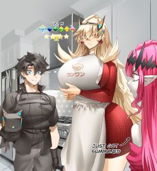 1boy 2girls absurdres animal apron baobhan_sith_(fate) barghest_(fate) black_hair blonde_hair blue_eyes breasts dog fate/grand_order fate_(series) fujimaru_ritsuka_(male) fujimaru_ritsuka_(male)_(polar_chaldea_uniform) hair_ornament heterochromia highres holding holding_animal holding_dog holy_grail_(fate) horns huge_breasts jewelry kitchen long_hair multiple_girls obazzotto orange_eyes pale_skin pink_hair pointy_ears ring tall_female wedding_ring