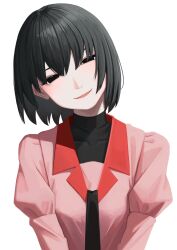 1girl black_eyes black_hair black_necktie black_undershirt bob_cut empty_eyes facing_viewer head_tilt highres looking_at_viewer monogatari_(series) naoetsu_high_school_uniform necktie nemo_ringo oshino_ougi pale_skin pink_shirt school_uniform shirt short_hair simple_background skirt smile solo tagme white_background