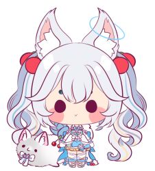 1girl animal_ears blue_dress bow chibi dress elbow_gloves fox_ears fox_girl fox_tail funko_pop gloves hair_bow indie_virtual_youtuber kirsche_verstahl korsche socks tail thighhighs twintails virtual_youtuber white_gloves white_hair white_socks