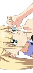 1girl blonde_hair closed_mouth colored_eyelashes contact_lens expressionless eyes_visible_through_hair grey_eyes highres iniooooo long_hair original portrait putting_in_contact_lens sideways simple_background solo twintails white_background