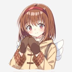 Rule 34 | 1girl, angel wings, brown hair, brown mittens, closed mouth, hairband, highres, hood, hood down, jacket, kanon, long sleeves, looking at viewer, mittens, own hands together, plaid clothes, plaid sleeves, red eyes, red hairband, setteiset, short hair, simple background, smile, solo, tsukimiya ayu, upper body, white background, white wings, wings, yellow jacket
