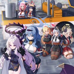 6+girls absurdres ahoge akari_(blue_archive) ako_(blue_archive) black_halo blonde_hair blue_archive blue_eyes blue_hair bound breasts car closed_mouth commentary demon_girl demon_horns demon_tail demon_wings english_commentary fuuka_(blue_archive) halo haruna_(blue_archive) hat highres hina_(blue_archive) horns indoors izumi_(blue_archive) junko_(blue_archive) juri_(blue_archive) long_hair motor_vehicle multiple_girls open_mouth purple_eyes red_hair sitting skirt small_breasts smile standing tail tied_up_(nonsexual) twintails white_hair wings yami071