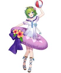 Rule 34 | 1girl, ball, beachball, choker, fire emblem, fire emblem: the blazing blade, fire emblem heroes, green hair, hairband, highres, innertube, looking at viewer, nino (fire emblem), nino (summer) (fire emblem), nintendo, non-web source, open mouth, purple eyes, sandals, smile, solo, swim ring, tachi-e