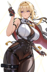Rule 34 | 1girl, arm strap, asymmetrical gloves, black gloves, black jacket, blush, breasts, evelyn chevalier, gloves, highres, holding, holding knife, jacket, jacket on shoulders, knife, large breasts, mismatched gloves, mole, mole under eye, parted lips, purple eyes, simple background, solo, toyoman, weapon, white background, zenless zone zero