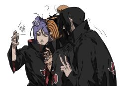 Rule 34 | 1girl, 3boys, ?, akatsuki uniform, back, black coat, black hair, black nails, blonde hair, cellphone, coat, commentary request, deidara (naruto), dong2taku, eyeshadow, face piercing, flower, flying sweatdrops, gloves, hair bun, hair flower, hair ornament, hand mouth, high collar, highres, holding, holding phone, intangible, jewelry, konan (naruto), labret piercing, long hair, long sleeves, makeup, mask, multiple boys, nail polish, naruto (series), naruto shippuuden, orange eyes, orange mask, phone, piercing, purple hair, ring, selfie, short hair, single hair bun, taking picture, tobi (naruto), tongue, tongue out, translation request, uchiha itachi, uchiha obito, v