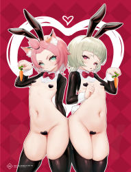 2girls absurdres animal_ear_fluff animal_ears bangs_pinned_back black_legwear blue_eyes bow bowtie breasts cat_ears cowboy_shot diona_(genshin_impact) english_text fake_animal_ears female_focus genshin_impact heart heart-shaped_pupils heart_maebari heart_pasties highres l_ract loli long_sleeves looking_at_viewer maebari multiple_girls navel pasties pink_hair rabbit_ears red_bow red_bowtie red_eyes reverse_bunnysuit reverse_outfit sayu_(genshin_impact) short_hair shrug_(clothing) small_breasts standing stomach symbol-shaped_pupils thighhighs