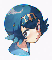 1girl absurdres alien_ashi artist_name blue_eyes blue_hair closed_mouth dated hairband highres lana_(pokemon) light_frown looking_at_viewer nintendo pokemon pokemon_sm short_hair solo white_background yellow_hairband