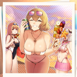 3girls ahoge anis_(nikke) anis_(sparkling_summer)_(nikke) aviator_sunglasses bare_shoulders bikini bikini_skirt black_bow black_choker black_one-piece_swimsuit bow breasts brown_eyes brown_hair can can_to_cheek choker cleavage cloud cloudy_sky collarbone commentary_request competition_swimsuit counters_(nikke) covered_navel cowboy_shot drink_can eating eyepatch_bikini eyewear_on_head front-tie_bikini_top front-tie_top glasses goddess_of_victory:_nikke goggles goggles_on_head grin groin hair_between_eyes hair_bow highleg highleg_bikini highres holding holding_can holding_kickboard holding_skewer jacket jewelry kickboard large_breasts leaning_forward long_hair looking_at_viewer medium_breasts multiple_girls navel necklace neon_(blue_ocean)_(nikke) neon_(nikke) official_alternate_costume one-piece_swimsuit one_eye_closed open_mouth pink-tinted_eyewear pink_sailor_collar pink_skirt rapi_(classic_vacation)_(nikke) rapi_(nikke) red_eyes sailor_collar sawasa short_hair side-tie_bikini_bottom sidelocks skewer skirt sky smile soda_can standing star_(symbol) star_necklace starfish stomach sunglasses sunset swim_goggles swimsuit teeth tinted_eyewear two-tone_swimsuit white_bikini white_hair yellow_jacket