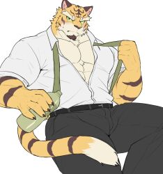 1boy abs animal_ears bara beard black_pants blush bottle claws closed_mouth facial_hair furry furry_male highres holding holding_bottle looking_at_viewer male_focus muscular muscular_male necktie nikukyu299paw pants pectoral_cleavage pectorals removing_necktie sitting sweatdrop tail taketora_(yasha) thick_eyebrows tiger_boy tiger_ears tiger_stripes tiger_tail unbuttoned unbuttoned_shirt undone_necktie white_background yasha_legends_of_the_demon_blade yellow_fur