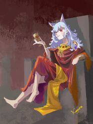 1girl animal_ears artist_name barefoot bracer brown_background byzantine_empire chalice christianity commentary crusader_kings cup earrings english_commentary extra_ears eyeliner eyeshadow fox_ears fox_girl grey_hair highres holding holding_cup jewelry koguma_satoshi long_hair looking_at_viewer makeup necklace nijisanji nijisanji_en nina_kosaka pearl_necklace red_eyeliner red_eyes red_eyeshadow red_robe robe short_eyebrows signature sitting sketch smile solo throne virtual_youtuber yellow_robe