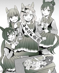 4girls :d ;d absurdres ahoge animal_ears bag blunt_bangs bob_cut bow bowtie commentary food greyscale hair_between_eyes hair_bun hair_ornament hairclip highres holding holding_food horse_ears horse_girl horseshoe_ornament jungle_pocket_(umamusume) long_hair long_sleeves looking_at_viewer low_twintails mai_(umamusume) monochrome multiple_girls notched_ear one_eye_closed open_mouth pleated_skirt pointing pointing_at_another ru_(umamusume) sailor_collar sailor_shirt school_bag school_uniform shima_(umamusume) shirt short_hair sidelocks signature single_hair_bun sitting skirt smile swept_bangs tracen_school_uniform twintails umamusume umamusume:_beginning_of_a_new_era white_bow white_bowtie yonu_(yonurime)