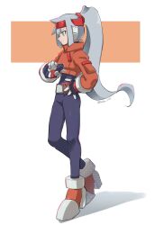 1girl ashe_(mega_man) belt biometal black_bodysuit blue_hair bodysuit bodysuit_under_clothes boots cropped_jacket from_side full_body hand_on_own_hip headband high_ponytail highres jacket light_blue_hair long_hair mega_man_(series) mega_man_zx mega_man_zx_advent model_a_(mega_man) orange_boots orange_jacket ponytail profile red_headband solo_focus standing vani_(hisha_04)
