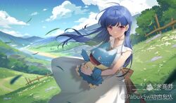 1girl ahoge artist_name bare_arms blue_hair blue_sky closed_mouth collarbone dress fence field floating_hair gen_4_pokemon grass highres holding holding_pokemon jewelry long_hair looking_at_viewer mihuashi_logo mole mole_under_eye munchlax necklace nintendo original outdoors pabuk5w pink_eyes pokemon pokemon_(creature) sky sleeveless sleeveless_dress very_long_hair watermark white_dress wooden_fence