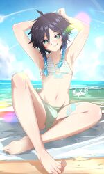 Rule 34 | 1boy, absurdres, alternate costume, armpits, arms up, artist name, barefoot, bikini, blue hair, blue sky, blush, braided sidelocks, bulge, closed mouth, crossdressing, crossed ankles, day, feet, genshin impact, gradient hair, green bikini, green eyes, hair between eyes, highres, knee up, legs, licking lips, male focus, marky evan, multicolored hair, nail polish, navel, outdoors, short hair with long locks, sitting, sky, solo, striped bikini, striped clothes, swimsuit, toenail polish, toenails, toes, tongue, tongue out, trap, venti (genshin impact)