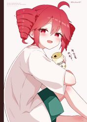 1girl ahoge beer_can blush can drill_hair drink_can green_shorts hair_between_eyes highres holding holding_can kasane_teto kasane_teto_(utau) looking_at_viewer open_mouth red_eyes red_hair shira_461 shirt shorts signature simple_background sitting solo twin_drills twitter_username utau white_background white_shirt