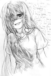 1girl :d absurdres arms_at_sides breasts collarbone cropped_torso english_text greyscale hair_over_one_eye hair_over_shoulder hashtag-only_commentary hatching_(texture) highres looking_at_viewer makucrp mari_(faraway)_(omori) mari_(omori) medium_breasts monochrome omori one_eye_covered open_mouth shaded_face short_sleeves simple_background smile solo straight_hair strangulation_mark teeth upper_teeth_only white_background