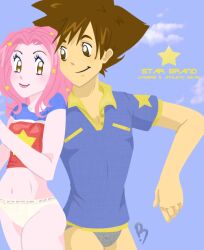 Rule 34 | 1boy, 1girl, 2008, artist logo, blue background, blue shirt, briefs, brown eyes, brown hair, cloud, cloudy sky, crop top, digimon, digimon adventure 02, grey male underwear, hair ornament, hetero, lips, logo, looking at another, male underwear, matching hair/eyes, midriff, modeling, navel, panties, pink-mimi, pink hair, shirt, short sleeves, sky, smile, spiked hair, star (symbol), star hair ornament, tachikawa mimi, two-tone shirt, underwear, white panties, yagami taichi