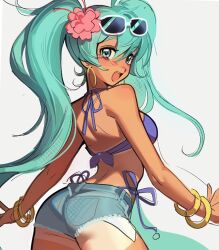 1girl aqua_hair bra bracelet brazilian_miku dark-skinned_female dark_skin erinartista glasses hatsune_miku jewelry shorts tan tanline underwear vocaloid