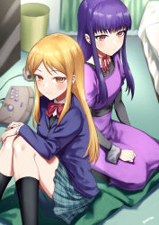 2girls absurdres arcade_stick black_socks blonde_hair blush bow bowtie brown_eyes controller curtains cushion dress game_console game_controller hidaka_koharu high_score_girl highres joystick long_hair long_sleeves multiple_girls oono_akira plaid_clothes plaid_skirt purple_dress purple_eyes red_bow red_bowtie red_ribbon ribbon rororo school_uniform seiza sitting skirt smile socks trash_can