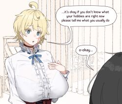 ... 1girl ahoge aiu404l blue_eyes blue_ribbon brown_choker buttons choker commentary dot_nose english_commentary frills original out_of_frame parted_lips ribbon scar scar_on_face shirt short_hair solo_focus speech_bubble spoken_ellipsis talking therapist_(aiu404l) upper_body white_shirt