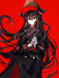 1girl black_coat black_hair black_hat black_jacket black_pants blood blood_on_face blood_on_hands buttons coat fate/grand_order fate_(series) hat highres jacket long_hair long_sleeves looking_at_viewer oda_nobunaga_(fate) oda_nobunaga_(koha-ace) oda_uri open_clothes open_coat pants peaked_cap red_background red_eyes simple_background solo xixing_chun