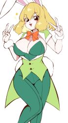 1girl animal_ears blonde_hair bow bowtie breasts carrot_(one_piece) cleavage crazy_otama double_v furry furry_female highres large_breasts leotard looking_at_viewer one_piece open_mouth playboy_bunny rabbit_ears rabbit_girl rabbit_tail short_hair simple_background solo tail traditional_bowtie v white_background white_fur