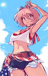 1girl almightychiru american_flag belt bikini bikini_under_clothes blue_sky breasts brown_belt camisole closed_mouth commentary cowboy_shot crop_top cutoffs denim denim_shorts english_commentary hand_on_own_hip highres looking_at_viewer navel original pink_eyes pink_hair red_bikini short_hair shorts sky small_breasts smile solo star-shaped_eyewear star_(symbol) stomach swimsuit white_camisole