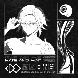 1boy aotsuki_eito black_background collarbone english_text eyeball german_text glasses greyscale highres kiteneon looking_at_viewer male_focus middle_finger monochrome parted_hair portrait simple_background solo the_hundred_line_-last_defense_academy- topless_male upper_body