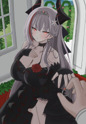 Rule 34 | 1boy, 1girl, absurdres, admiral zenker (azur lane), azur lane, bare shoulders, black bow, black dress, black gloves, black horns, blush, bow, breasts, butadiene, cleavage, closed mouth, commander (azur lane), dress, earrings, fingerless gloves, flower, frilled dress, frills, gloves, grey hair, hair bow, hair flower, hair ornament, hand on own chest, highres, horns, jewelry, large breasts, layered dress, multicolored hair, pov, pov hands, red eyes, red hair, red streaks, ring, tiara, wedding dress, wedding ring, white flower