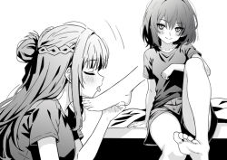2girls braid closed_eyes commentary french_braid greyscale hair_bun licking licking_foot long_hair looking_at_another lwmina70119 medium_hair miyagi_shiori monochrome multiple_girls sendai_hazuki shirt short_sleeves shorts shuuniichido_classmate_wo_kau_hanashi sitting toes tongue tongue_out yuri