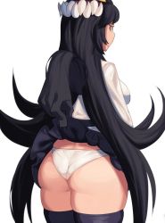 1girl ass back bad_id bad_twitter_id black_hair black_thighhighs clothes_lift extra_mouth facing_away filia_(skullgirls) from_behind futakuchi-onna highres living_hair long_hair looking_at_viewer panties prehensile_hair samson_(skullgirls) school_uniform sharp_teeth simple_background skirt skirt_lift skullgirls standing suwaiya teeth thighhighs thighs underwear white_background white_panties