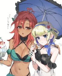 Rule 34 | 2girls, bare shoulders, berry, bikini, black choker, black one-piece swimsuit, blonde hair, bracelet, breasts, choker, cleavage, closed mouth, collarbone, colored inner hair, constance von nuvelle, constance von nuvelle (summer), covered navel, dark-skinned female, dark skin, drill hair, drill sidelocks, fire emblem, fire emblem: three houses, fire emblem heroes, flower, food, green bikini, hair flower, hair ornament, hairband, hapi (fire emblem), hapi (summer) (fire emblem), highres, holding, holding umbrella, ice cream, jewelry, large breasts, leon0630claude, medium breasts, medium hair, melting ice cream, multicolored hair, multiple girls, navel, nintendo, official alternate costume, one-piece swimsuit, open mouth, parasol, purple hair, red eyes, red hair, sarong, shaved ice, short hair, sidelocks, stomach, swimsuit, umbrella, white one-piece swimsuit, white sarong