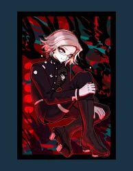 1boy aotsuki_eito boots brown_boots eyeshadow full_body gakuran glasses grey_hair highres hole_in_chest hole_on_body kurapixel last_defense_academy_school_uniform looking_at_viewer makeup male_focus red_eyeshadow school_uniform short_hair smile solo the_hundred_line_-last_defense_academy-