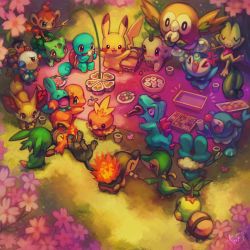 &gt;_&lt; ^_^ bird black_eyes blanket blue_eyes bottle brown_eyes bubble bulbasaur charmander cherry_blossoms chespin chikorita chimchar closed_eyes colorful commentary_request creature creatures_(company) cup cyndaquil dango day eye_contact closed_eyes fennekin flower flying food froakie game_freak gen_1_pokemon gen_2_pokemon gen_3_pokemon gen_4_pokemon gen_5_pokemon gen_6_pokemon gen_7_pokemon grass hanami highres holding holding_cup koriarredondo litten looking_at_another lying mouth_hold mudkip nintendo no_humans bento on_back onigiri oshawott outdoors picnic picnic_basket pikachu piplup pokemon pokemon_(creature) popplio red_eyes rowlet sanshoku_dango signature snivy squirtle standing starter_pokemon_trio tepig torchic totodile treecko turtwig wagashi