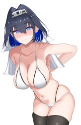 1girl absurdres alternate_costume arms_behind_back bikini black_hair black_thighhighs blue_eyes bow bow_earrings breasts closed_mouth earrings hair_intakes highres hololive hololive_english jewelry large_breasts navel ouro_kronii sasaki_ikuya smile solo swimsuit thighhighs veil virtual_youtuber white_bikini