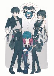 Rule 34 | 1girl, 2boys, absurdres, bandaged hand, bandages, bare shoulders, black boots, black dress, black gloves, black hair, black jacket, black pants, black shorts, blue hair, blue shirt, boots, brant (wuthering waves), breasts, chinese commentary, collarbone, collared jacket, commentary request, dress, female rover (wuthering waves), gloves, grey shirt, hair between eyes, hair ribbon, highres, honseie, jacket, knee boots, large breasts, long hair, looking at another, male rover (wuthering waves), multiple boys, open clothes, open jacket, open shirt, pants, ribbon, rover (wuthering waves), shirt, short shorts, shorts, sleeveless, sleeveless dress, sleeves rolled up, tacet mark (wuthering waves), white pants, wuthering waves, yellow eyes, yellow ribbon