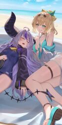 Rule 34 | 2girls, adapted costume, ahoge, alternate costume, aqua eyes, beach, black choker, black hairband, black horns, blonde hair, blue background, blue one-piece swimsuit, blue sky, bow, braid, braided bangs, breasts, choker, cloud, crossed bangs, cuffs, day, demon girl, demon horns, double-parted bangs, drooling, feet, finger to mouth, grey hair, grin, hair between eyes, hair bow, hairband, hand up, hashtag-only commentary, highres, hololive, horns, jacket, kazama iroha, la+ darknesss, la+ darknesss (1st costume), long hair, long sleeves, looking at viewer, lying, medium breasts, medium hair, mouth drool, multicolored hair, multiple girls, neckerchief, off shoulder, on back, on side, one-piece swimsuit, open mouth, outdoors, pendora1022, pointy ears, ponytail, purple hair, purple shrug, sandals, school swimsuit, shoe soles, shushing, sky, sleeping, sleeves past wrists, smile, streaked hair, striped horns, swimsuit, tail, thigh strap, toes, very long hair, virtual youtuber, white jacket, wide sleeves, yellow neckerchief