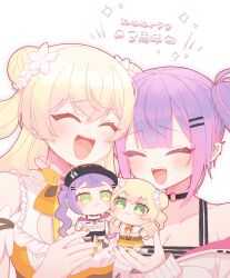 Rule 34 | 2girls, arm garter, bell, black choker, black tank top, blonde hair, blush, bow, bowtie, brown bow, brown bowtie, center-flap bangs, character doll, choker, cleavage cutout, closed eyes, clothing cutout, collar, collarbone, commentary request, crossed bangs, doll, double bun, ear piercing, fang, flower, frilled collar, frilled garter, frilled shirt, frills, green eyes, hair bun, hair flower, hair ornament, hairclip, heads together, highres, holding, holding doll, hololive, hololive friends (plush), jacket, jingle bell, karashioo, long hair, medium hair, momosuzu nene, momosuzu nene (1st costume), multicolored bow, multicolored bowtie, multiple girls, nail polish, o-ring, o-ring choker, off shoulder, open mouth, orange bow, orange bowtie, orange nails, orange shirt, peach ornament, piercing, purple hair, purple nails, shirt, sidelocks, simple background, sleeveless, sleeveless shirt, smile, tank top, teeth, tokoyami towa, tokoyami towa (1st costume), translation request, twintails, two side up, upper body, upper teeth only, virtual youtuber, white background, white jacket, yellow bow, yellow bowtie