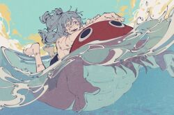 Rule 34 | 2boys, abs, black male swimwear, blue eyes, cloud, colored skin, cursed spirit (jujutsu kaisen), dagon (jujutsu kaisen), fingernails, floating hair, grey hair, hair between eyes, heterochromia, highres, jujutsu kaisen, mahito (jujutsu kaisen), male focus, male swimwear, mim (mimya0600), multiple boys, ocean, octopus, octopus boy, open mouth, red skin, riding, sky, smile, stitched arm, stitched face, stitched leg, stitched wrist, stitches, swim trunks, teeth, topless male, water, yellow eyes