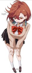 1girl ayase_momo black_choker black_skirt bow bowtie breasts brown_hair brown_shoes brown_sweater choker collared_shirt dandadan earrings full_body hair_behind_ear hair_between_eyes hands_on_own_knees helic_(7317helic) highres jewelry kneehighs large_breasts leaning_forward long_sleeves looking_at_viewer loose_bowtie messy_hair miniskirt open_mouth pleated_skirt red_bow red_bowtie red_eyes shirt shoes short_hair simple_background skirt socks solo standing sweater white_background white_shirt white_socks