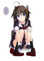 1girl :o ? ahoge black_gloves black_serafuku black_socks blue_eyes braid brown_hair commentary_request fingerless_gloves flower gloves hair_flower hair_ornament hair_over_shoulder hair_ribbon kantai_collection kawagishi_keitarou neckerchief pleated_skirt red_neckerchief red_shoes ribbon school_uniform serafuku shigure_(kancolle) shigure_kai_ni_(kancolle) shoes side_braid single_braid sitting skirt socks solo spoken_question_mark