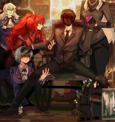 2boys 4girls ? angela_(project_moon) angelica_(project_moon) arczaeon argalia_(project_moon) ascot black_gloves black_hair black_necktie black_pants black_suit blue_hair chibi formal_clothes gebura_(project_moon) gloves highres indoors library_of_ruina long_hair meme multiple_boys multiple_girls necktie pants parody ponytail project_moon red_eyes red_hair roland_(project_moon) short_hair sitting suit white_ascot white_hair